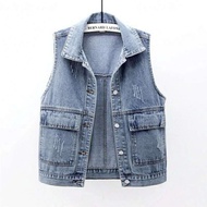 Denim Vest Women Short Spring Summer New Simple Large Pocket Sleeveless Vest All-Match Loose Top