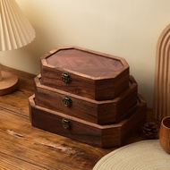 Vintage wooden desktop organizer box for makeup table decoration, flip-top wooden box with begonia f