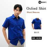 THE ROOMS - เดอะรูม เสื้อเชิ้ต คอปก สีน้ำเงิน Oxford แขนสั้น รีดง่าย ใส่สบาย