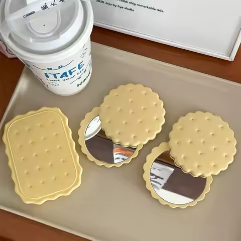 Mini Biscuit Hand-Held Mirror Cheese Biscuit Design Portable Biscuit Make-Up Mirror Cute Folding Bis