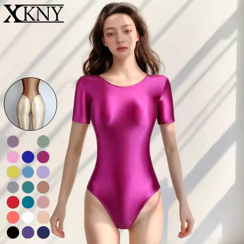 XClocKNYoung satin glossy swimsuit smooth T-shaped high fork short sleeve satin glossy swimsuit Yoga