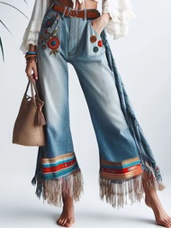 Women Tassel Jeans Pockets Floral Embroidery Patchwork Denim Straight Leg Jeans Ethnic Casual Vintag