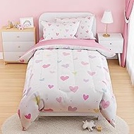 SANDJEST Heart Comforter Set Twin Size 68x86in for Kids Girls, Microfiber 3 Pcs Bedding Set Includes