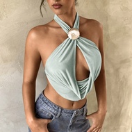 เสื้อผ้าสตรี Aloruh เซ็กซี่ YTK ผูกไขว้คอแบบพันรอบ พิมพ์ลายไทด์ไดย์ หลังเปิด สำหรับใส่ไปชายหาด ฤดูร้