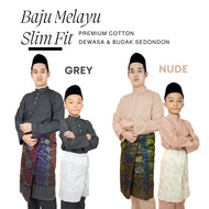 Baju Melayu Warna Kelabu / Warna Nude Baju Melayu Slim Fit Cotton / Baju Melayu Dewasa & Budak Raya