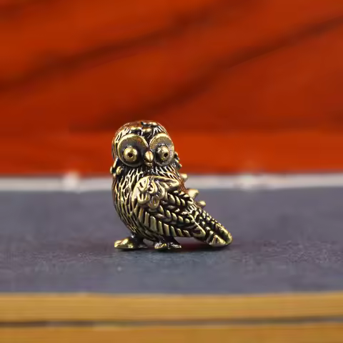 Mini Brass Owl Figurine - Cute Pocket-Sized Animal Statue for Desk Decor, Office, Shelf & Gift for O