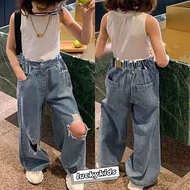 Fashion Baby Girls Solid Color Ripped Wide-leg Jeans Fashion Korea Kids Girls Long Pants