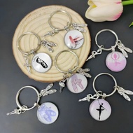 Cute Ballet Girls Glass Keychain Dance Shoes Character Silhouette Metal Keyring for Women Handbag Phone Pendant Accessories Gifts