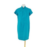 二手 古董訂製 藍綠色 織紋 短袖 旗袍 OPF308