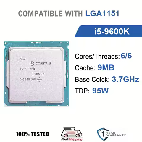 Intel Core i5-9600K 6 Core 6 Thread 3.7GHz 95W 9MB Cache 14nm LGA 1151 SRG11 DDR4 2666 MHz Coffee La