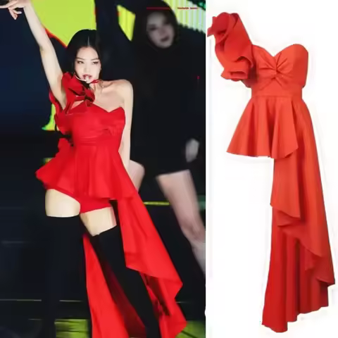 K-pop Jennie Stage Outfit Women Red Dress Concert Outfits Festival Women Clothing Secy Performance C