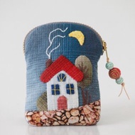 Mini Change Purse With Zip, Blue Tiny Coin Purse With House Appliqué