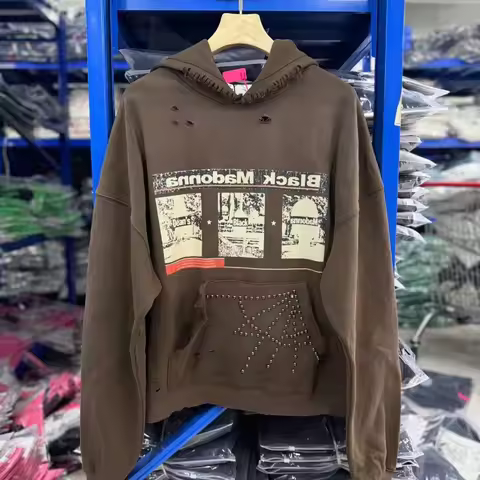Y2K Distressed Hole Brown Hoodie Retro Movie Print Street Sweatshirt