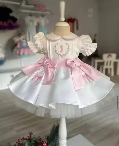 0-12Y Baby Girl Summer Number Embroidery Vintage White Dress for Birthday Photography B516