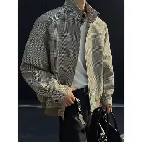 Men's American Retro Houndstooth Stand Collar Harrington Jacket Cleanfit Style Casual Coat