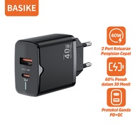 BASIKE Kepala Charger Quick Charger QC3.0 Type-C+USB 40W PD Fast Charge Charger Travel Fast Charging Untuk MFi iPhone14 13 pro Max 13/12/11/XS/XS Max/XR/X/8 /8 plus/7 plus xiaomi vivo oppo samsung Charger PD Telepon