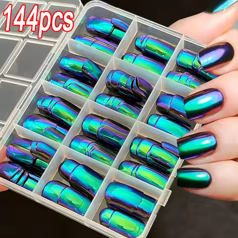 144pcs Chrome Magic Mirror Effect Green Press on Nails Holo Chameleon Short Square False Nails Full