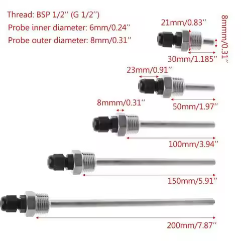30-200mm Thermowell 304 Stainless Steel 1/2 BSP=G Thread OD6mm Immersion Sleeve Pocket For Temperatu