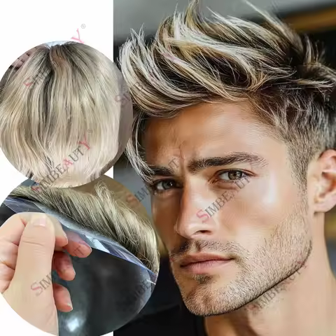 4T613# Ombre Blonde 30mm Wave Natural Straight Super Natural Hairline Undetectable Vloop Mens Toupee