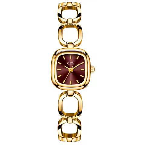 GEDI Women's Watch Elegant Square Red Dial Quartz Watches Chain Bracelet Vintage Minimalist Girls La