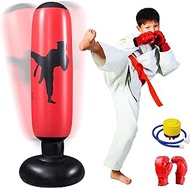 Inflatable Punching Bag for Kids, Freestanding Kids Boxing Bag with Stand, 63 inch Punching Bag with Air Pump and Boxing Gloves for Karate Kickboxing, Workout Equipment, Gift for Boys Girls (redblack)