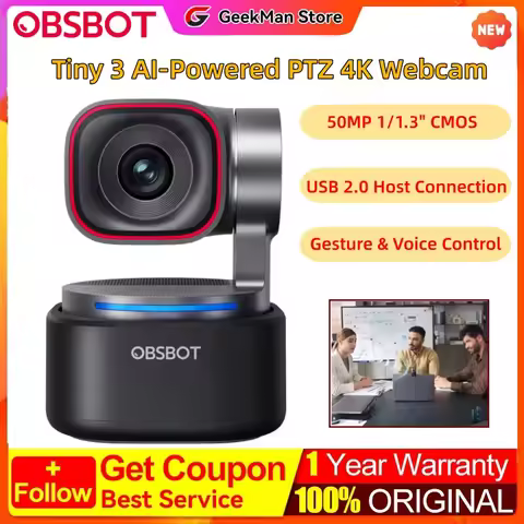 OBSBOT Tiny 3 AI-Powered Spatial Audio 4K PTZ Webcam Compact 4K USB PTZ Webcam with☊4x๑Zoom