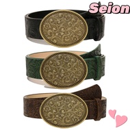 SEION Western Cowboy Belt, Punk Rock Retro Carved Buckle Embossed Belt, Luxury Y2K PU Leather Vintag
