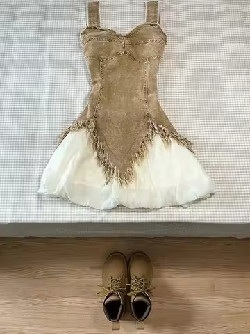 Hot Girl Short Skirt Two Piece Maillard Color Irregular Raw Edge Suspender Denim Top Summer Waistles