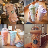 【ins style】Starbucks Tumbler Rainbow Starlight water Cup girl lovely double-layer drinking cup with straw fairytale coffee cup with lid