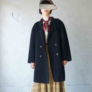 尋寶古著-質感黑色毛呢喀什米爾cashmere連袖長大衣