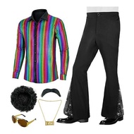 Men's 70s Disco Outfit Costume Set Retro Bell Bottom Shirts Wigs Necklace Mustache Sunglasses for Ha