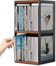 CD Stand Wooden CD Shelf, CD and DVD Storage Box Holder for Storage Organiser, Wood and Metal Mesh L