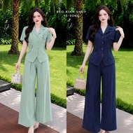 Women's Big Size Striped Floral Bow Set - Elegant Long Straight Pants 40–90kg Fat Pretty Shop - A.18
