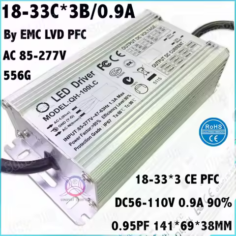 2 Pcs By EMC LVD IP67 100W AC85-277V LED Driver 18-33x3B 900mA DC56-110V Constant Current LED Power