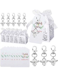 有12個鑰匙圈、12張感謝卡和12個白色盒子的天使鑰匙扣套裝(可裝小糖果或餅乾); 適合作為洗禮、生日、婚禮、聖餐等客人禮物，鑰匙扣裝飾或其他感謝禮物。