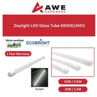 SIRIM Certified Ecobright LED Glass Tube 6500K 240V 10WT8 T8-2E/0.6M/1.2M/10W/22WDL Lampu Panjang Lampu Tiub