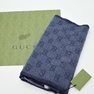 【CP 精選🌟錯過拍大腿】Gucci 古馳 New Nikky Logo 藍色 羊毛 寬版斜紋 織帶圍巾｜聖誕好禮🎁