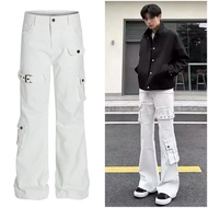 L7 Douyin Style High Quality White Cargo Belt Buckle Jeans for Men and Women