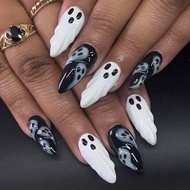 24pcs Medium Almond Press On Nails Halloween Nails 3DLine Art Vampire Ghost Ghost Design Glossy Full