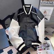 แจ็กเก็ตสั้นสีตัดกันสำหรับผู้ชายและผู้หญิงเสื้อผ้าเบสบอลแฟชั่นหนังขนหญิงวินเทจสีดำและสีขาวสไตล์อเมริ