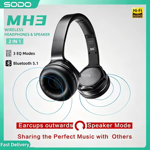 SODO MH3 Heavy Duty 2-in-1 Over-Ear Bluetooth Headphones w/ Speaker, Foldable Wireless Headset w/ Mi