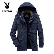 PLAYBOY เสื้อปาร์เก้ทหารผู้ชายเสื้อคลุมกันลมมีฮู้ดสำหรับผู้ชายเสื้อแจ็คเก็ตผู้ชายผ้าฝ้าย