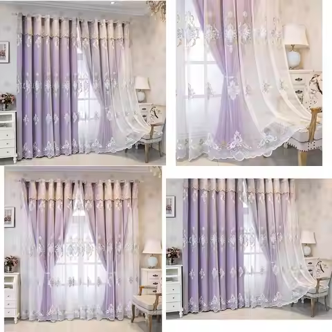 Bedroom Curtains Blackout Purple Grommet 2 Panels, Double Couche Broderie Curtain for Living Room, 1