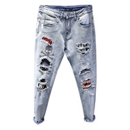 seluar lelaki jaket seluar jeans lelaki Bahagian Nipis Musim Panas Seluar Jeans Jenama Air Pasang Berwarna Muda Lelaki Muda Pengemis Lubang Hot Drill Korea Ve/*#men pant mens jeans jacketSummer Thin Section Light-Colored Tide Brand Jeans Male Young Beggar