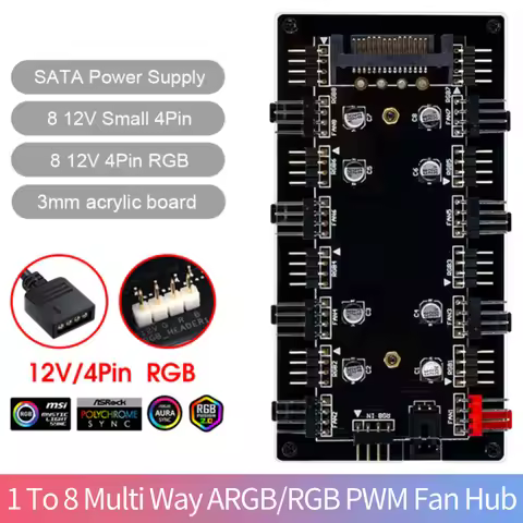 1 To 8 Way Splitter RGB PWM Hub PC 5V 3PIN/12V 4PIN Cooling Fan HUB RGB Cable Splitter Hub for Mothe