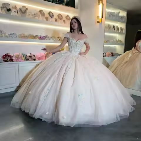 BOMARIS Champagne Princess Ball Gown Quinceanera Dresses Vestidos De 15 Anos XV Off Shoulder 3D Lace