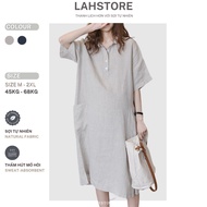 LAHSTORE linen straight dress with shirt collar, loose sleeves, 2 wide rib pockets (Gray)