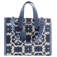 Kate Spade Manhattan 雪尼爾大號托特包，黑桃花圖案，K9959，棉質皮革混紡，淺藍色，肩背/手提兩用，A4尺寸，敞口設計，女士款，二手