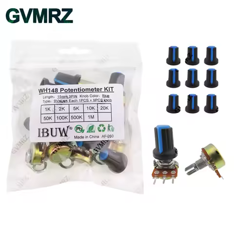 18PCS (9Values + 9Knobs) WH148 Potentiometer Kit (1K-1MΩ 15mm 3PIN) with Blue Knobs for Audio Equipm