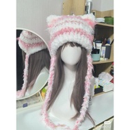 HANDMADE CAT BEANIE/FURRY CAT BEANIE/FUR CAT HAT CAT BEANIE/KOREAN BEANIE HAT STRAWBERRY/CUTE HAT BE